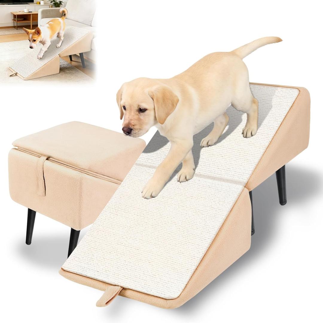 Split Ottoman Dogs Ramp, Dog Ramp for Couch and Bed, Dog Stairs for Small Dogs and Cats, 2-in-1 Foldable Wooden Pet Stairs and Ottoman,Non-Slip Fabric Surface Ramp for Couch and Bed Khaki Plush