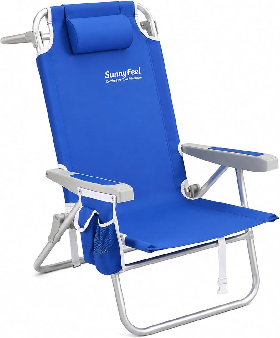 SUNNYFEEL 12.6" High Seat Beach Chair for Adults, High Back 5-Position Lay Flat Reclining Beach Chair with Detachable Cooler Bag, Folding Beach Chair with Cup Holder, Heavy Duty 360 LBS