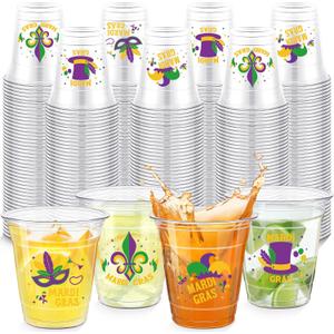 Pickmesh 200 Pack Mardi Gras Decorations Disposable Cups Bulk Mardi Gras Throw Cups 10 oz Clear Plastic Tumblers for Party Supplies Decorations