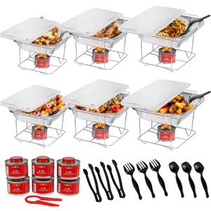 6 Pack - Disposable Chafing Dish Buffet Set, Welded Body Food Warmers for Parties, 6hr Fuel Cans Complete Set, Half Size Pans, Warming Trays