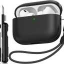 for AirPods Pro 3 Case (2025), TNSNK Leather Texture Full-Body Protective Airpods Pro 3rd Generation Case Cover with Lanyard & Cleaner Kit, Wireless Charging Support, Front LED Visible (Black)