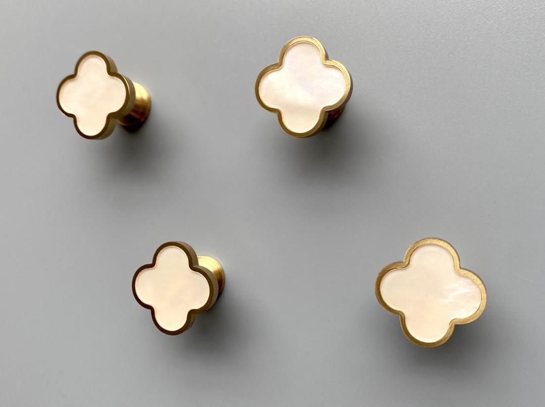 Solid Brass Decorative Wall Hooks, Coat Backpack Purse Screw-In Hangers, Wall Mounted Fancy Champagne Gold Hooks (Seashell White 4 Pack)