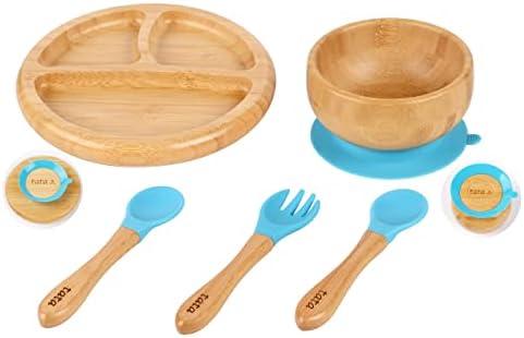 TATA AMG® Bamboo Suction Plate & Bowl with Fork and 2 Spoons | Divided Wooden Feeding Dish for Toddlers | BPA-Free Baby Led Weaning (BLW) Utensil Set