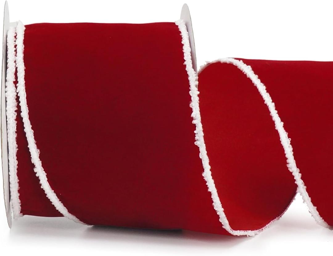 ALTIER 4 Inch x 10 Yards Red Velvet White Fur Wired Ribbon for Christmas Home Decoration Gift Wrapping Bow Making Wreath DIY Crafts