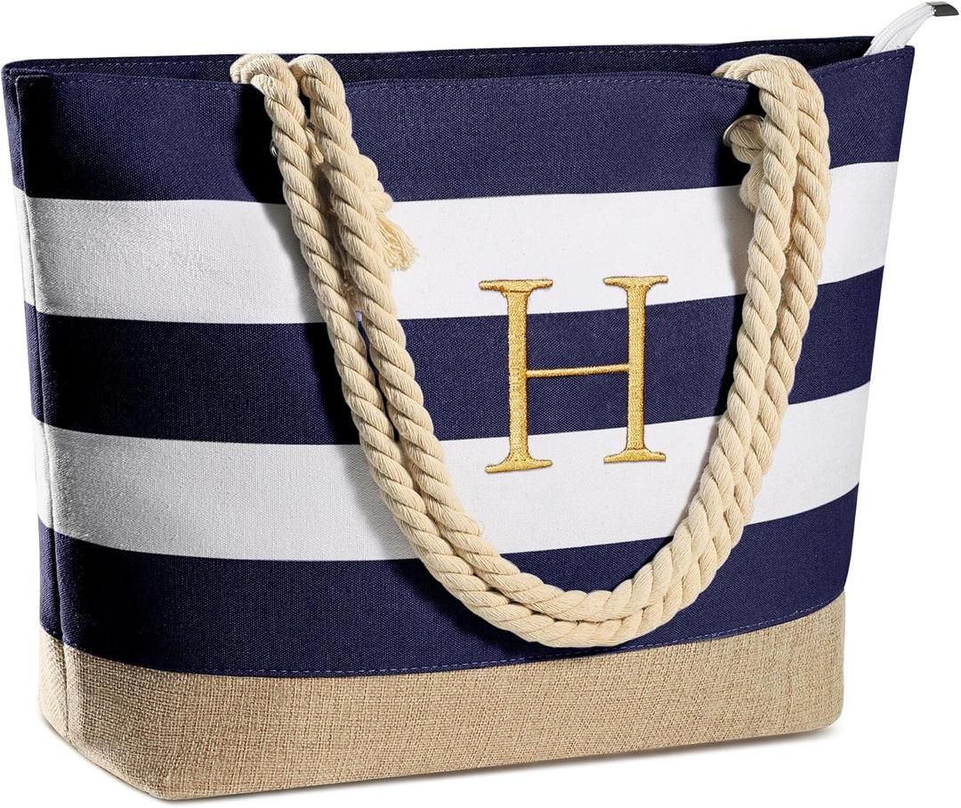 YOOLIFE Initial Canvas Waterproof Beach Tote Bag Zipper Personalized Gifts for Women Her Birthday Travel Beach Essential (Dark Blue)