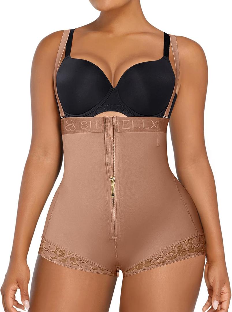 SHAPELLX Fajas Colombianas Shapewear for Women Tummy Control Postpartum Body Shaper Butt Lifting Open Bust Bodysuit (Latte, XL)