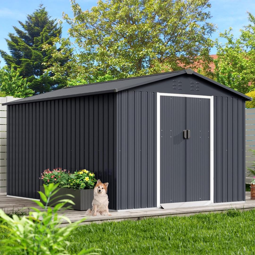 GarveeLife 8x15 ft Outdoor Storage Shed, Steel Utility Tool Shed with Sloped Roof & Lockable Door, Backyard Garden Patio Lawn Outdoor Shed for Organising Tools and Equipment in Yard, Garden, Grey (Gray)