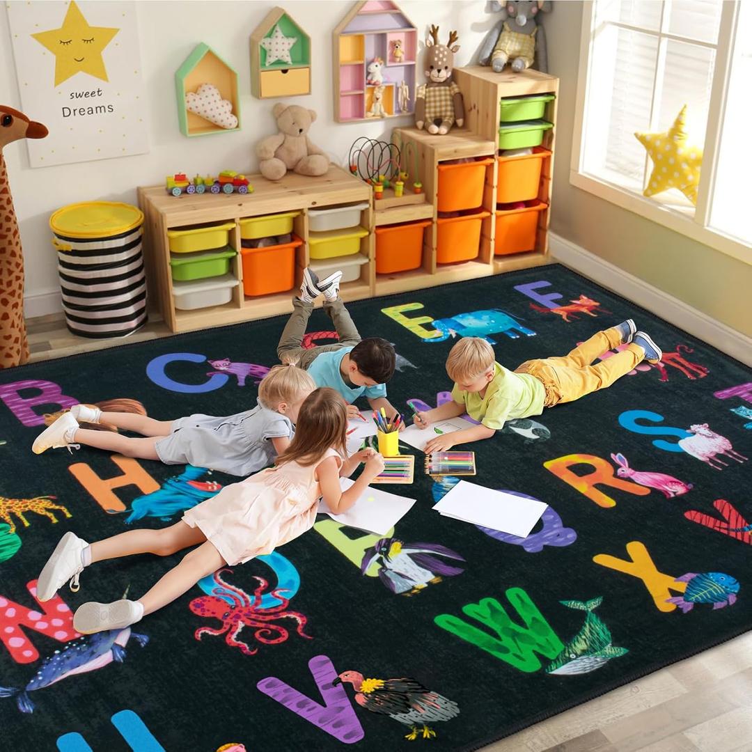 Classroom Rug Elementary Colorful Alphabet Kids Rugs for Playroom Machine Washable Nursery Rugs for Children Toddlers Bedroom (3' x 5' (Rectangular), Charcoal)