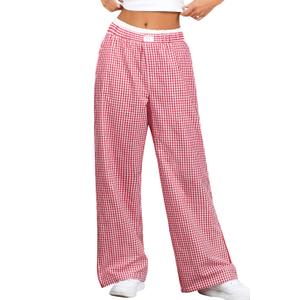 Women Plaid Pants Wide Leg Pajama Boxer Pants Elastic Waist Y2K Lounge Gingham Bottoms Red M (M)