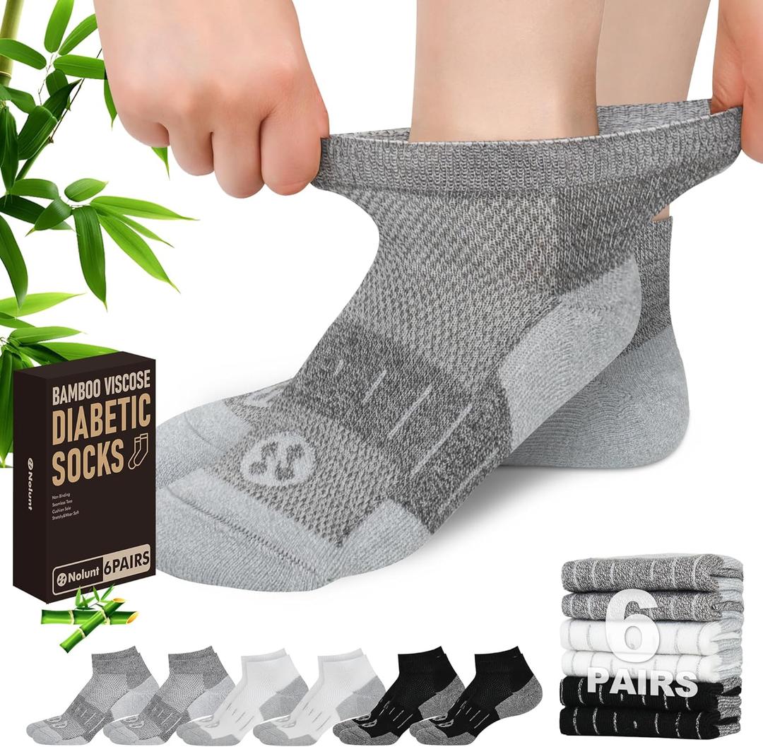 Nonlut Diabetic Socks for Men,6 Pairs Low Cut Neuropathy Mens Diabetic Socks(Black+White+Dark Grey-Medium)