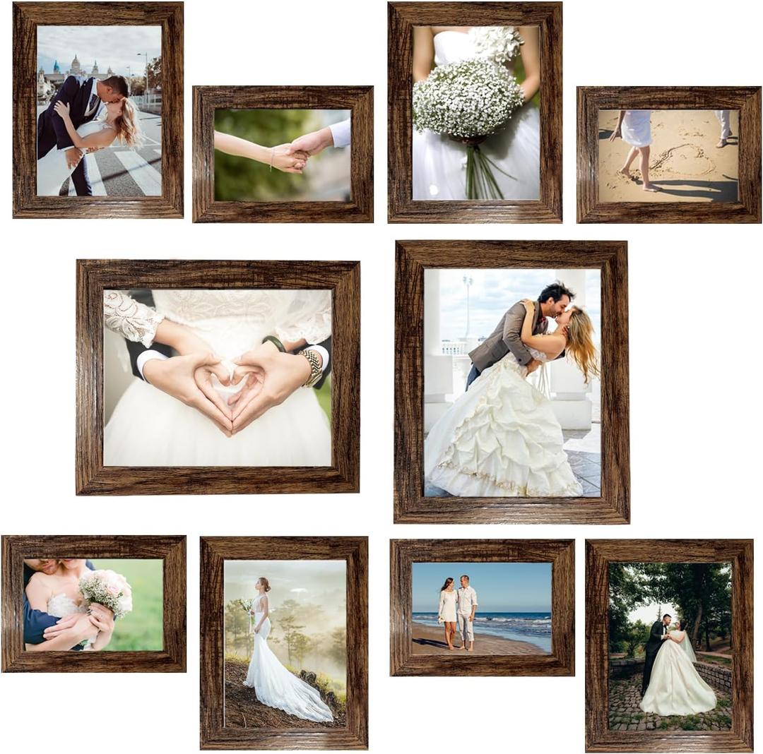 Picture Frame Set 10 pack, Farmhouse Photo Frames, Gallery Wall Frame Collage, 8x10 5x7 4x6 Frames in 3 Different Finishes Picture Frames For Wall or Desk, Dark Brown