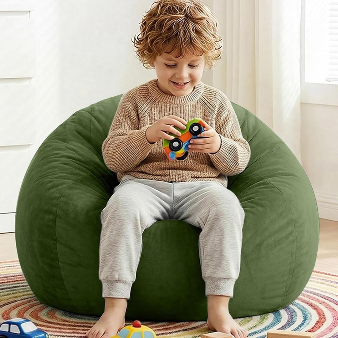 Stuffed Animal Storage Bean Bag Chair Cover for Kids (No Filler), Soft Comfy Velvet Beanbag Chair Cover Machine Washable,Kids Bean Bag Chair with Handle for Living Room Bedroom Dorm,Dark Green, S for Kids