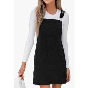 Women's Corduroy Overall Mini Fall Dress Square Neck Adjustable Straps Front Pocket Side Buttons Autumn Dresses,L