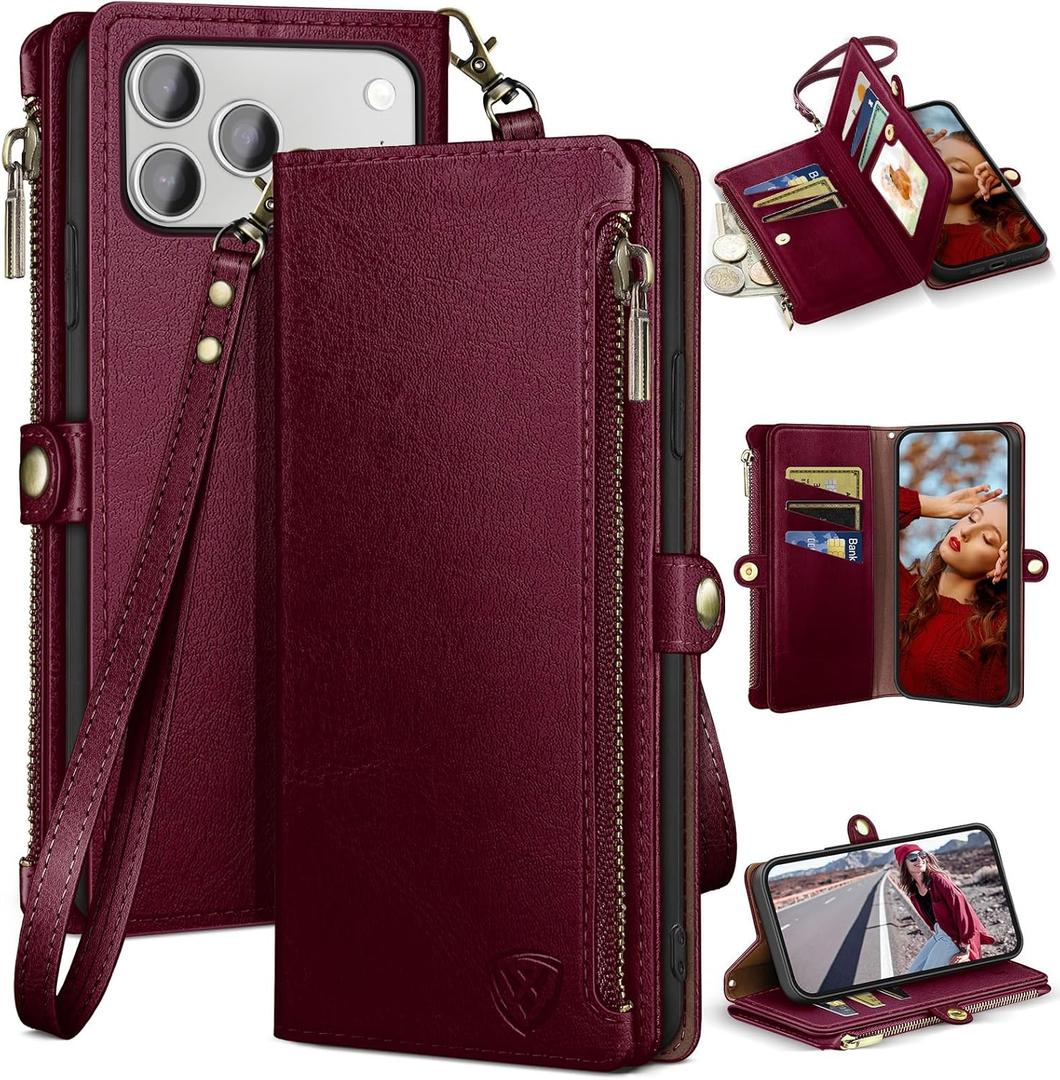 XcaseBar Compatible with iPhone 17 Pro 6.3" Wallet case with Zipper Credit Card HolderRFID Blocking,Flip Folio Book PU Leather Phone case Shockproof Cover Women Men for Apple 17 Pro case Burgundy Red