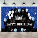 7x5ft Happy Birthday Backdrop Black White Balloon Theme Photography Background Glitter Blue Curtain Crown Fireworks Boys Kids Birthdays Party Banner Decorations Men Parties Photo Booth Prop (Color 1)