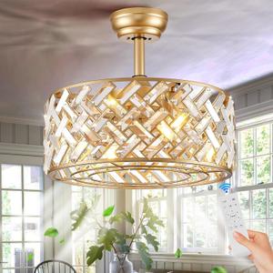 Gold Crystal Caged Ceiling Fans with Light, 18" Bladeless Ceiling Fan with Remote Control, 6 Speed Enclosed Ceiling Fan with Reversible Motor for Bedroom Kitchen Living Room