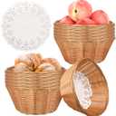 12 Pcs Round Small Plastic Bread Basket, Wicker Basket for Serving 7x7x3 Inch Woven Food Storage Basket, Fruit Basket, Gift Basket (Comes with Food Blotting Sheets) Brown