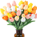 40pcs Fake Flowers Tulips Artificial PU Flower 15pcs Real Touch 14" for Spring Easter Home Kitchen Wedding Bouquet Bulk Mother's Gift Day Decorations(Multicolor, White, Sunset Red/Orange, Yellow)