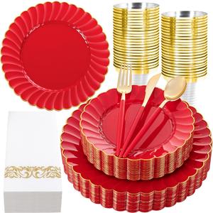 Ciaell 175 PCS Red Scalloped Plastic Plates with Gold Trim - Red Plastic Silverware with Handle - Fancy High-End Dinnerware Sets for Wedding & Party