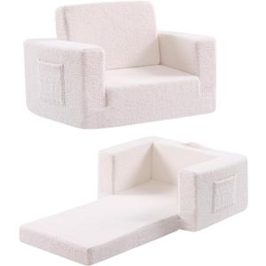 Toddler Chair Sherpa Kids Couch, 2-in-1 Soft Kids Sofa Lounger for Bedroom, Convertible Couch for Girls and Boys, Reading Chair, Beige (Sherpa Beige)