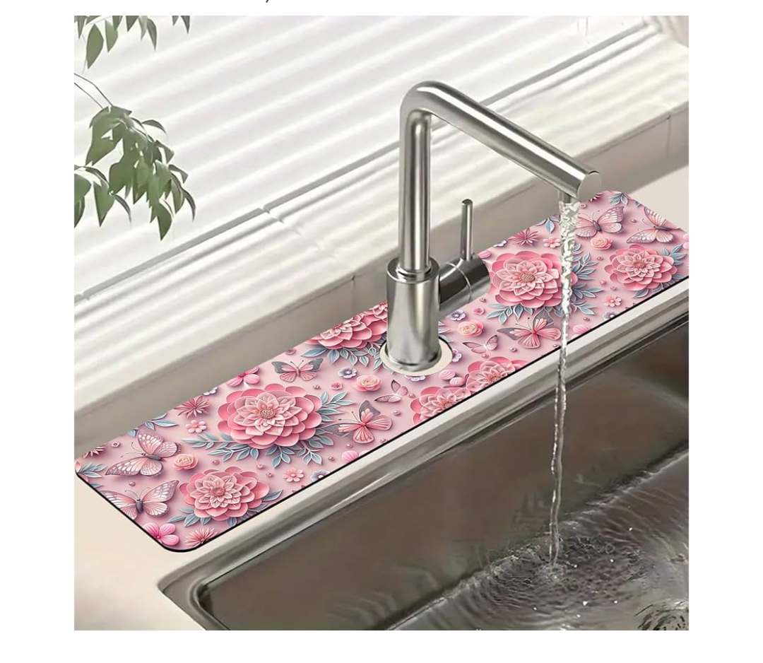 Pink Floral Sink Splash Guard Faucet Mat Flower Butterfly Super Absorbent Fast Drying Mat Sink Gadgets-Splash Guard Behind Faucet Drip Catcher for Kitchen Bathroom, 23.5"x5.5"