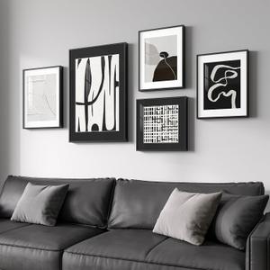 Framed Black and White Abstract Wall Art for Living Room, 5 Piece Modern Prints Paintings Artwork for Walls, Minimalist Black White Pictures for Hallway, Dining Room, Bedroom, Home Office Wall Decor, 12x16", 16x24", 11x14" , 12x12"