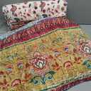 Boho Style Queen Quilt Set Reversible Bohemian Floral Strip Quilt Beddding Set, Soft and Lightweight Bedspread for All Season, Full Size Bed Coverlet with 2 Matching Pillow Shams (3 Pieces)