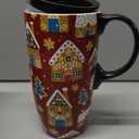 Topadorn Christmas Coffee Mug Travel Cup with Lid & Handle, 17 Oz Porcelain Latte or Hot Cocoa Mugs Xmas Gifts for Home & Office, Dishwasher & Microwave Safe, Christmas Gingerbread House