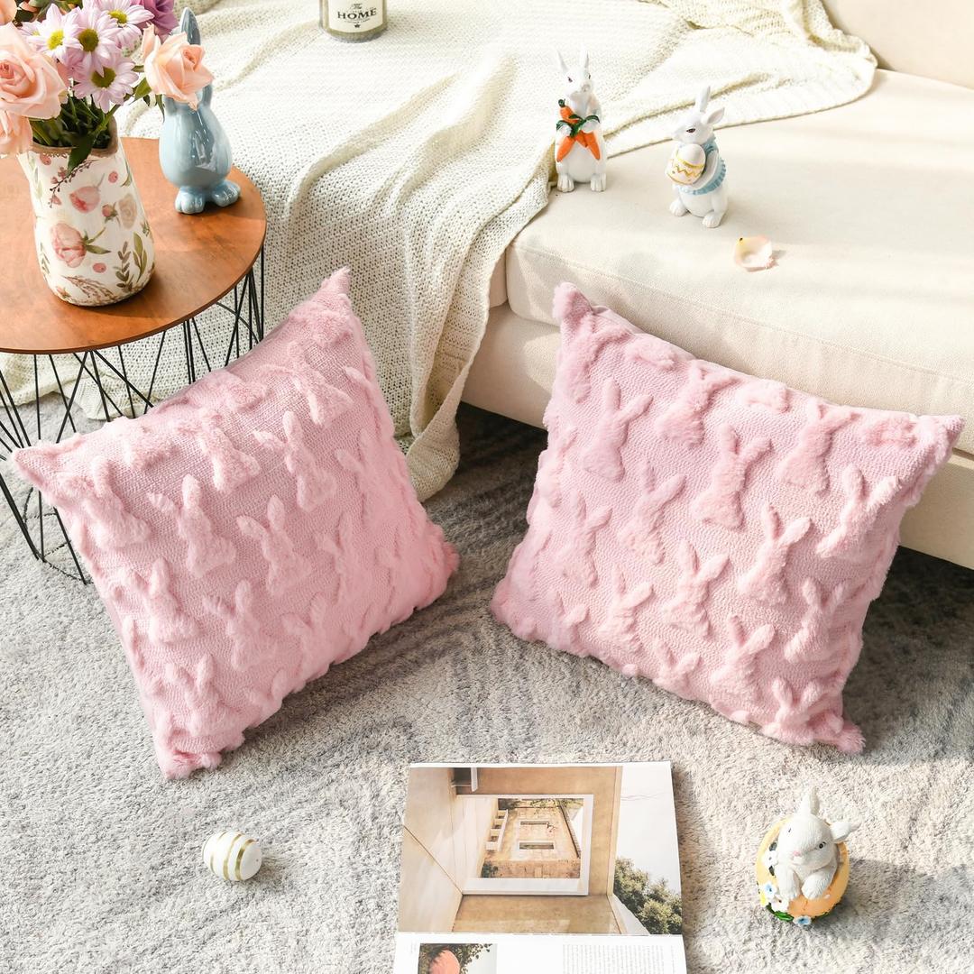 AVOIN colorlife Easter Rabbits Pink Throw Pillow Cover, 18 x 18 Inch Bunny Soft Plush Faux Fur Jacquard Cushion Case Decoration for Sofa Couch Set of 2