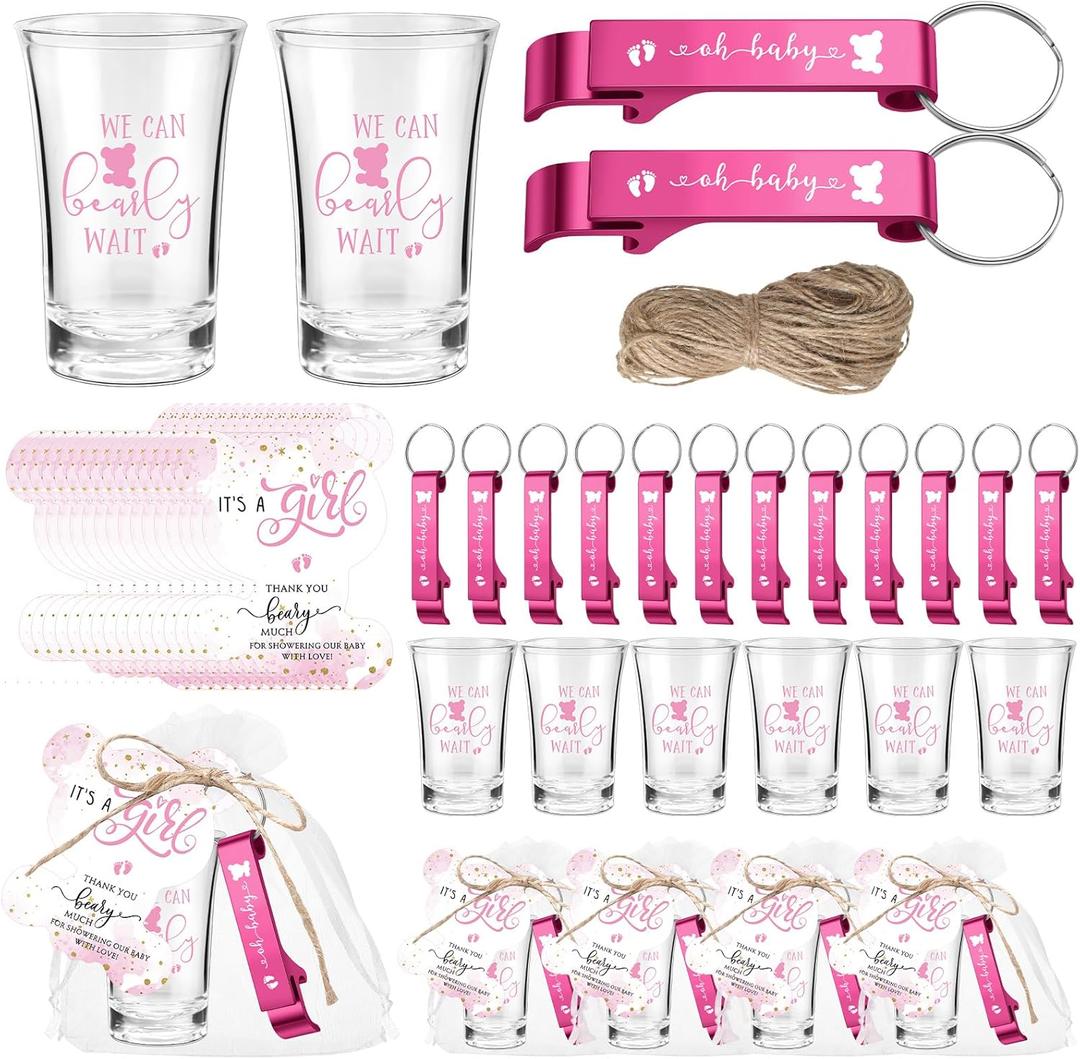 Set of 50 Baby Shower Favor for Guests Acrylic Shot Glasses with Bottle Opener Keychains Thank You Tags and Bags Gender Reveal Party Favors for Guest Baby Shower Return Gift (Bear Girl)