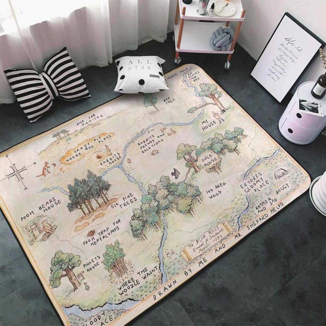 100 Acre Wood Map Rug Jungle Forest Area Rugs Modern Living Room Bedroom Playroom Home Decor Carpet Non-Slip Floor Mat 5' x 7'