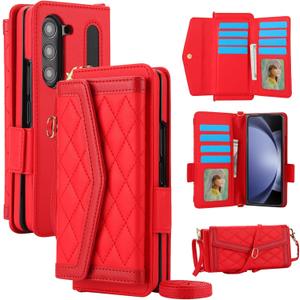 for Samsung Galaxy Z Fold 7 Wallet Case - Stitching Pattern RFID Blocking Card Holder, S Pen Slot Crossbody Strap, Full Body Protection Flip Cover for Women Red