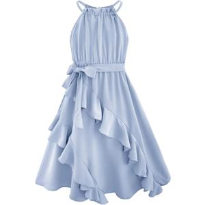 Girls Dresses Size 12-14 Light Blue Halter Neck Backless Tiered Ruffle Flowy Wedding Guest Sundress with Belt