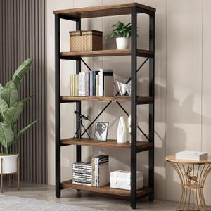 AY-AOYUAN 5 Tier Industrial Solid Wood Bookshelf, Open Etagere Bookcase with Metal Frame, Vintage Industrial Style Bookcase/Metal and Wood Bookshelf Furniture (AY01-5tier)