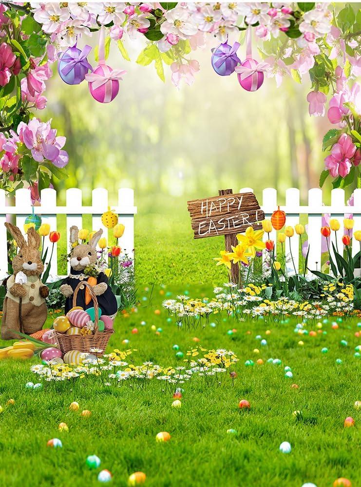 5x7ft Easter Rabbit Photography Backdrop Spring Garden Happy Easter Background White Fence Flowers Eggs Photo Booth Backdrop for Kids Easter Party Decorations Baby Shower Photoshoot