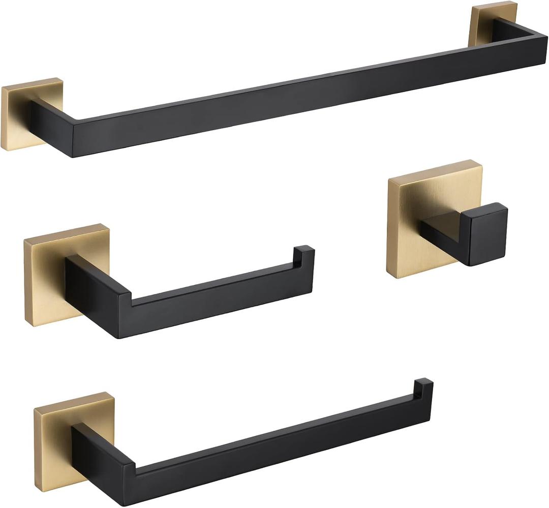 TURS 4-Piece Bathroom Hardware Set Black and Brushed Gold Towel Bar Holder Set Stainless Steel Bathroom Accessory Set Wall Mounted