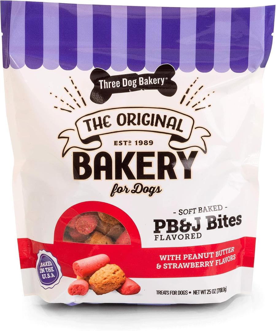 Three Dog Bakery Soft Baked PB&J Bites, Peanut Butter & Strawberry Flavor, Premium Treats for Dogs, 24 Ounce Box,114008 (EXP 12/17/26)
