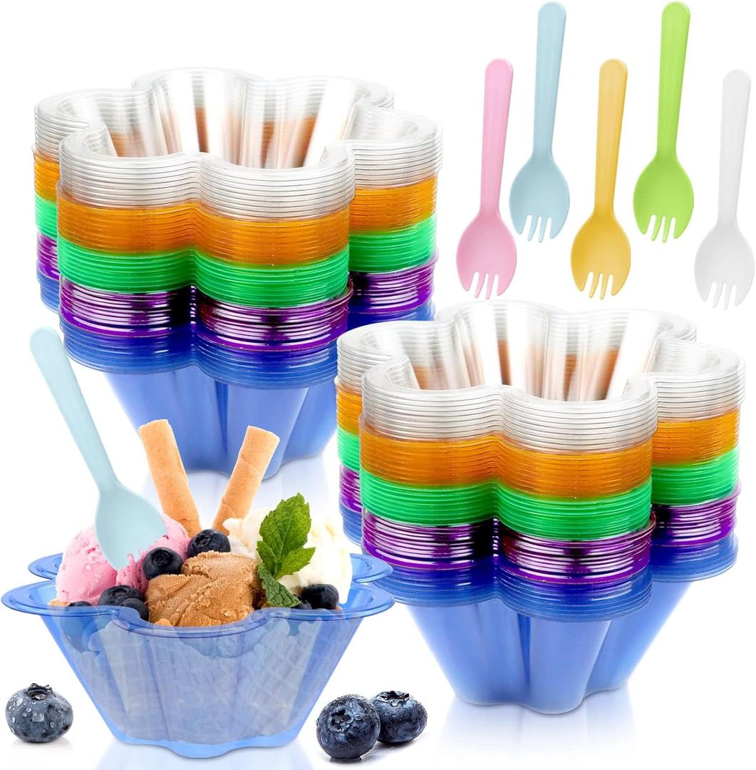 Vmiapxo 100 sets 8 oz Disposable Ice Cream Bowls and Spoons, Flower Shape Plastic Sundae Cups, Ice Cream Bar Supplies, Colorful Dessert Cups for Shaved Ice, Parfait, Strawberry, Yogurt
