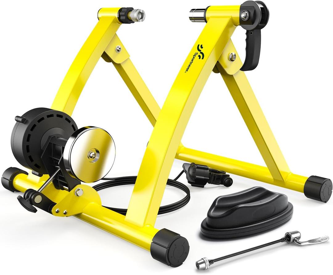 Sportneer Bike Trainer - Magnetic Stationary Bike Stand for 26-28" & 700C Wheels - Adjustable 6 Level Resistance Bike Trainer Stand for Indoor Riding with Quick Release Lever & Front Wheel Riser Block (Yellow)