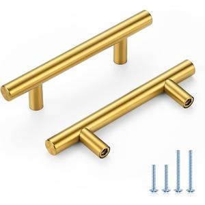 Brushed Brass Cabinet Handles 3 Inch Hole Spacing, Stainless Steel Drawer Pulls for Cabinets, Kitchen, Bathroom, Dresser 10 Pack