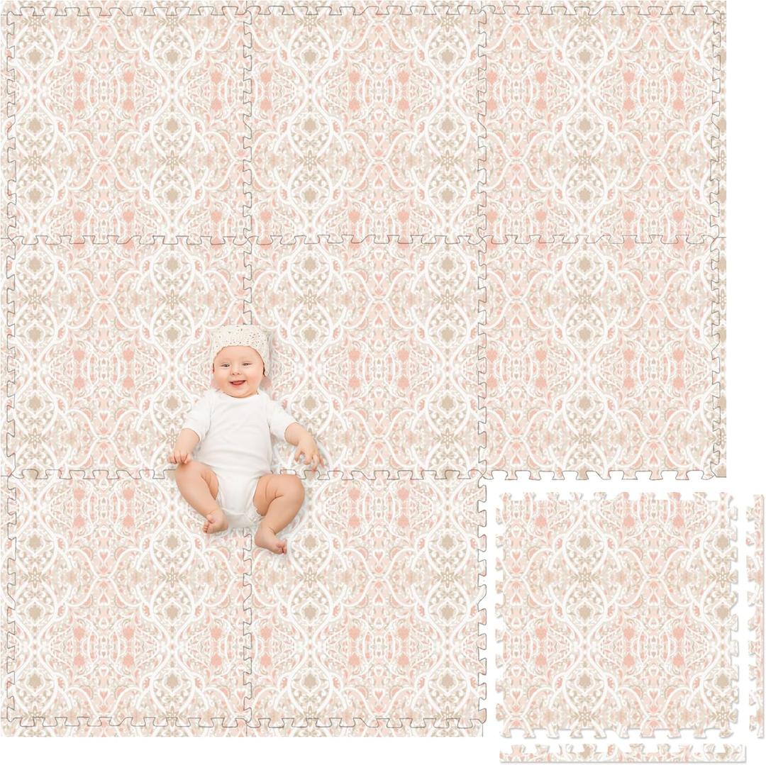 Play Platoon Non-Toxic Large Baby Play Mat for Floor, 9 Tile 72 x 72 inch - Extra-Thick Interlocking Foam Floor Tiles 24 x 24 in Puzzle Mat Pieces with Border, Playmat for Toddlers & Children - Petal