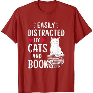Easily Distracted by Cats and Books - Cat & Book Lover,Short Sleeve T-Shirt (Red, XXL)