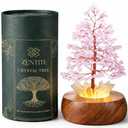 Rose Crystal Tree of Life with LED Light – Handcrafted Gemstone Bonsai on Quartz Base & Acacia Wood Stand – Spiritual Home & Office Décor, Feng Shui, Thoughtful Gift for Women