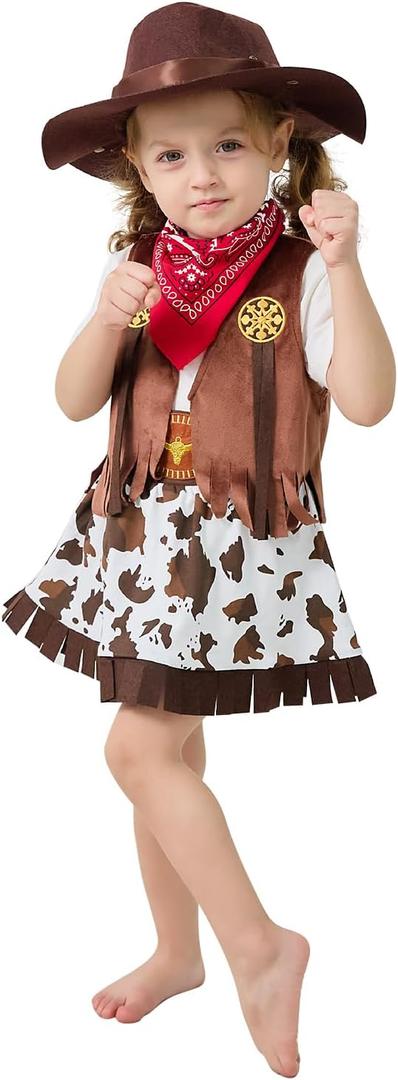 LXKIKMM Kids Cowgirl Costume Outfit Western Themed Cosplay Denim Skirt and Vest Set (18-24 Months, Brown With Red)