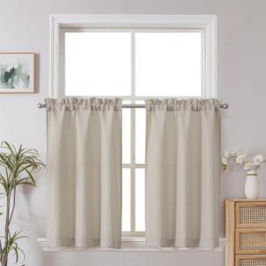 Chyhomenyc 2 Panels Kitchen Curtains 36 Inch Length, Faux Linen Textured Small Cafe Curtains, Light Filtering Short Window Curtains for Bathroom Basement, Each 30x36 inch, Moon Beige