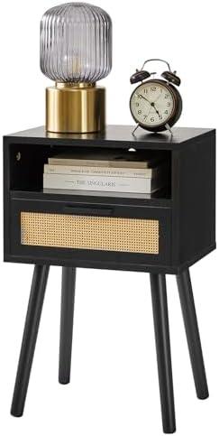 IBUYKE Rattan Nightstand, Boho Side Table with Drawer Open Shelf, Wood Accent Bedside Table, End Table with Legs for Bedroom, Living Room and Small Spaces, Black UWNS009B