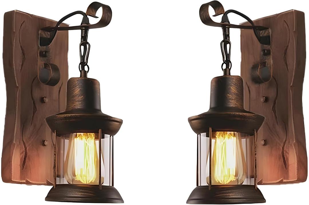 LightInTheBox Rustic Wall Sconces, Vintage Wall Sconce, Rustic Light Fixtures, Farmhouse Antique Wooden Wall Lamp for Aisle, Vanity Mirror, Hallway, Bedroom Bedside, Bar (2 Pack) (2PCS)
