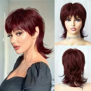 Short Red Shaggy Layered 80s Mullet Pixie Cut Wig With Bangs Curly Synthetic Natural Funny Fake Hair Replacement Wigs for Black Women Adult Daily Party Cosplay Halloween Costume Use Blonde(BUG)