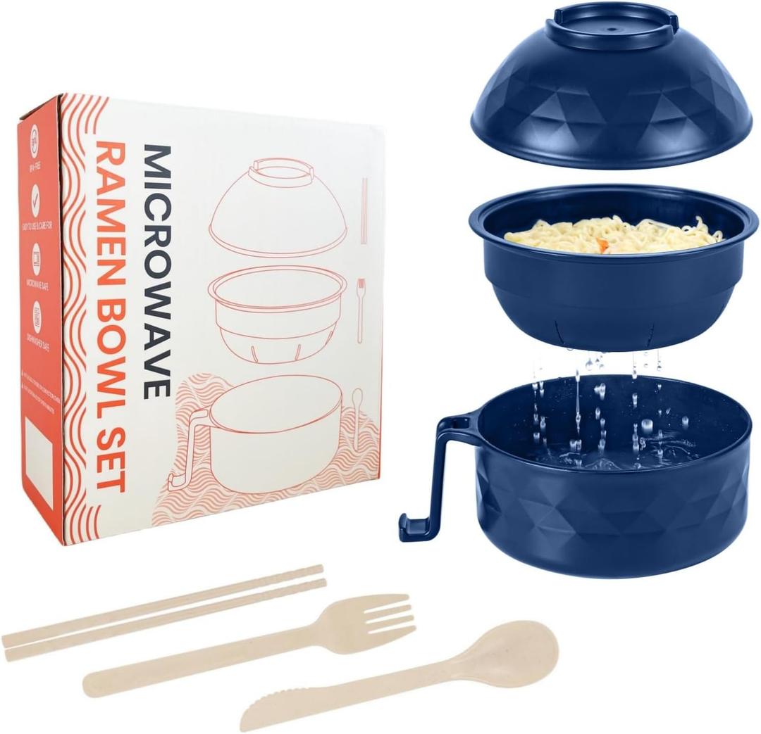 Microwave Ramen Cooker,Ramen Bowl Set,Microwave Noodle Bowl With Chopsticks and Spoon, College Dorm Room Essentials for Girls for Boys, Apartment Essentials, BPA-Free (Deep Blue)