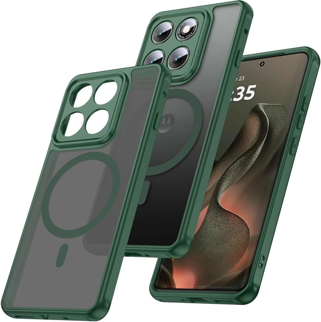 MAKAVO Magnetic for Motorola Moto Edge 2025 Case [Compatible with MagSafe] Slim Thin Translucent Matte Phone Case with Camera Cover, Military Grade Drop Proof Silicone Bumper, Green
